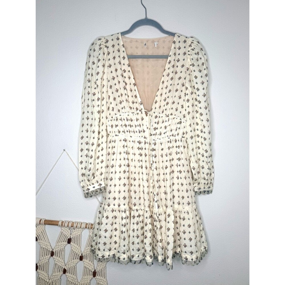 Rhode Dress Rhedyn Cream Floral Print Tie Cinch Waist V Neck Balloon Sleeves